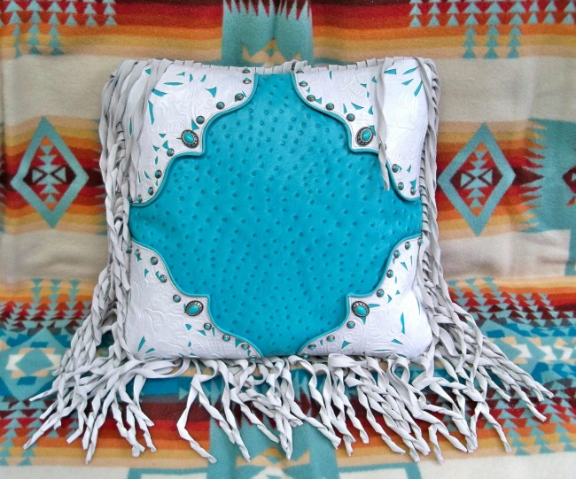 Turquoise and White Western Fringe Pillow