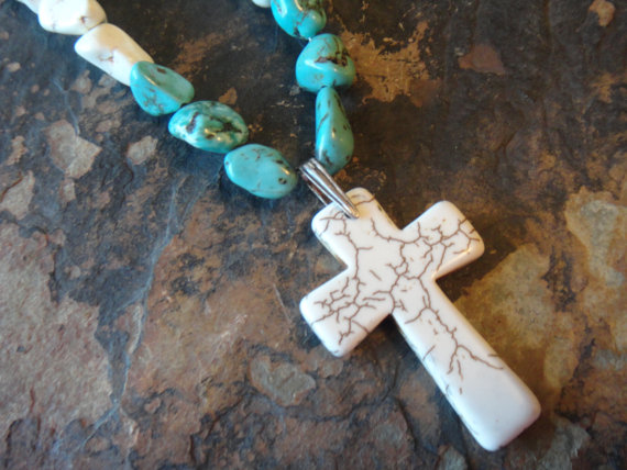 White & Turquoise Howlite Cross Necklace
