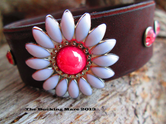 Leather daisy cuff with a pink daisy concho