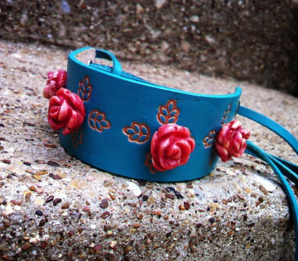 Turquoise leather cuff with red roses by Jesse's Jewelz