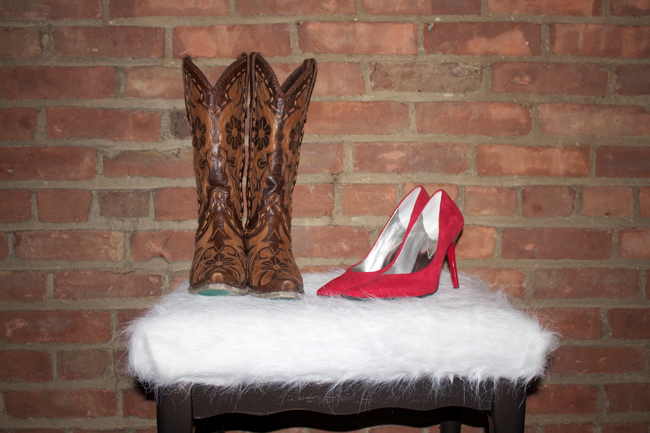 cowboy boots and heels on a DIY faux sheepskin stool