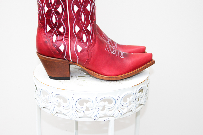 Red and White Macie Bean Cowboy Boots looking sharp