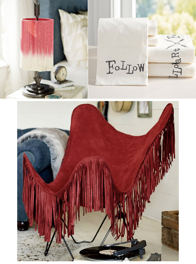Junk Gypsy Fringe Lamp, Butterfly Chair and Follow Your Arrow Bedding