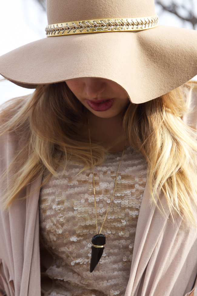 Antropologie Tan Floppy Hat, Sequin Top and Tan Poncho