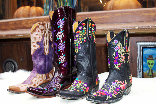 Black and purple floral Lucchese and Old Gringo cowboy boots