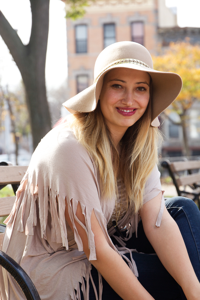 Floppy Antropologie Hat and Fringe Poncho for Fall in NYC