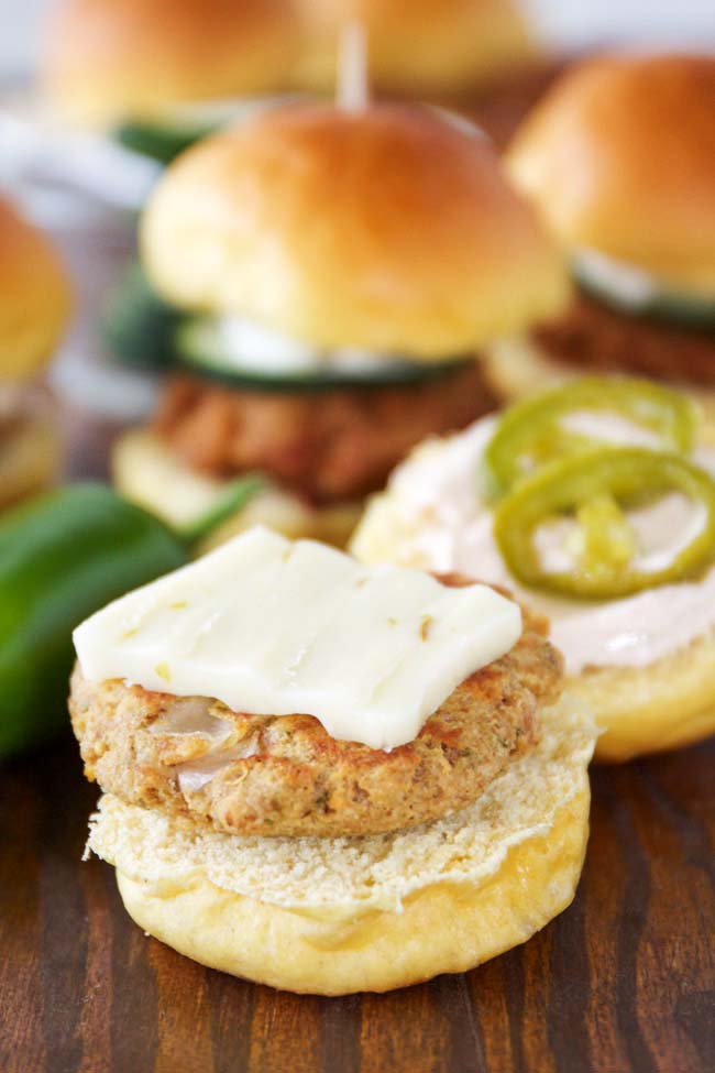 Albacore Tuna Sliders with Pepper Jack Cheese, Candied Jalapenos and Zesty Sour Cream