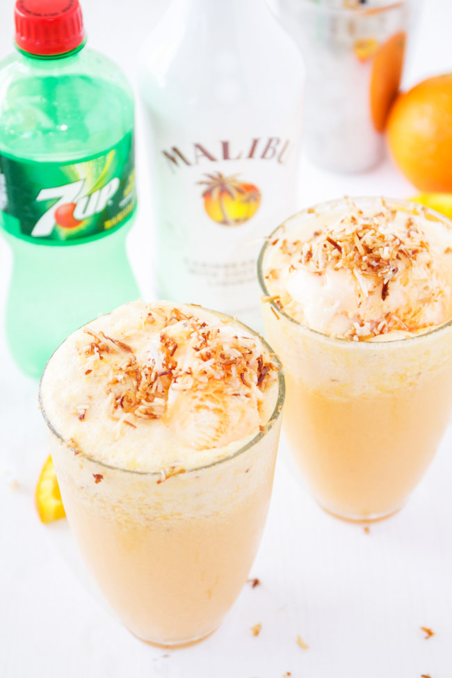 Malibu Sherbert Floats with Toasted Coconut and Orange Juice