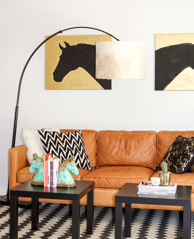 Modern equestrian living room with a DIY cowhide lampshade