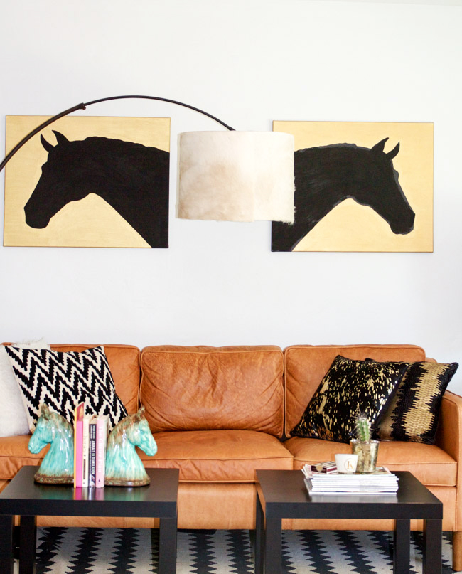 Modern equestrian living room with a DIY drum cowhide lampshade