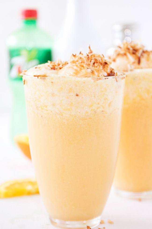 Refreshing Malibu Sherbert Floats with Toasted Coconut and Orange Juice