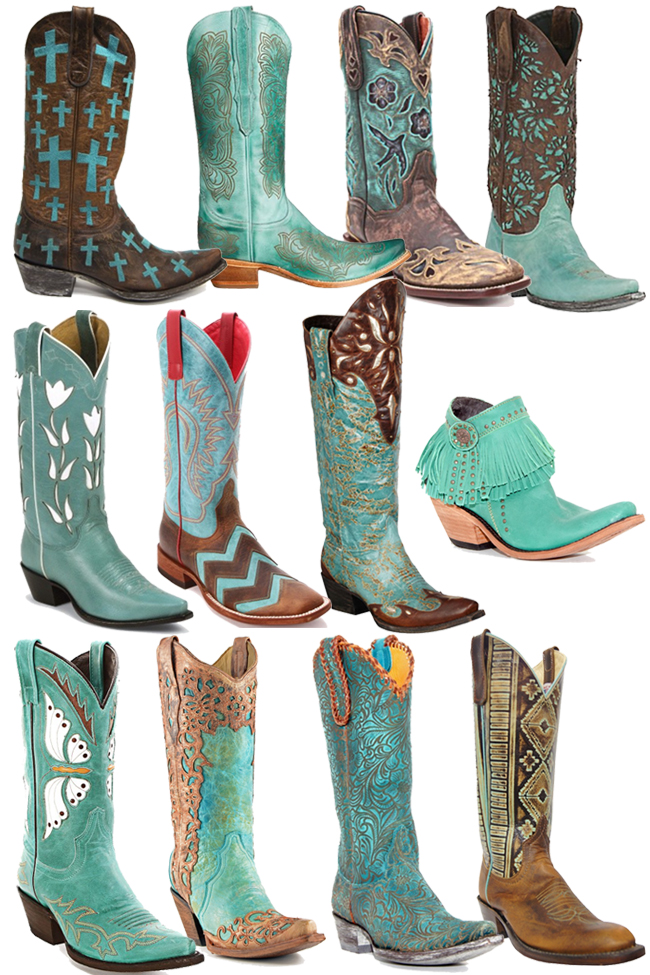 12 Pairs of Turquoise Cowboy Boots