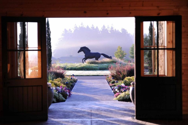 A view of the horse statue from inside the barn