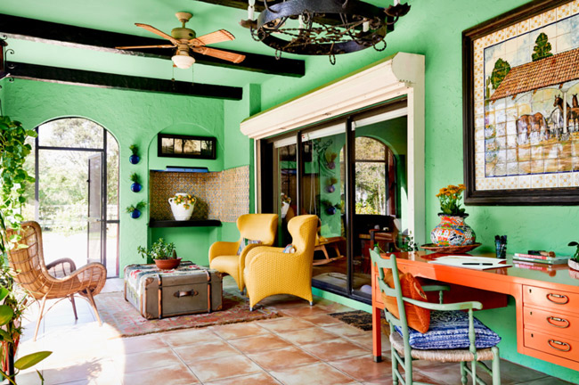 Bright green walls and tile floor