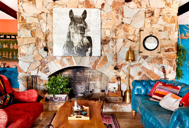 Large horse art in the eclectic living room