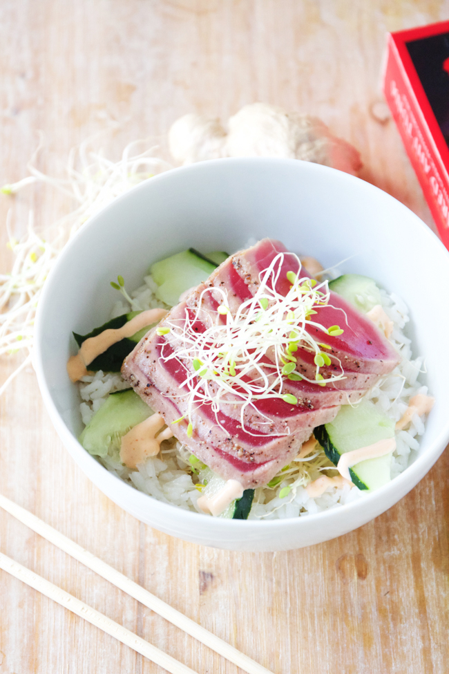 Ahi tuna rice bowls with micro greens, cucumbers and Sriracha mayo