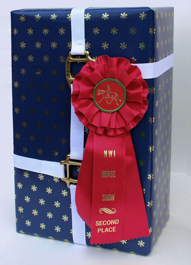 Equestrian wrapped present with halter hardware and a ribbon