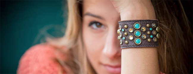 Sweet Antics brown leather and turquoise cuff