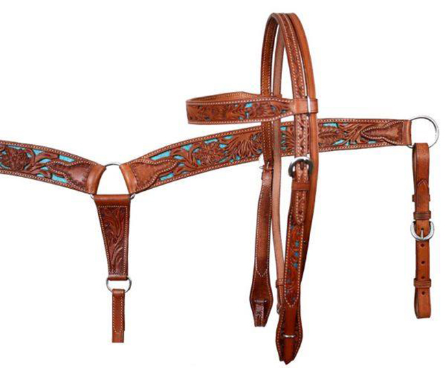 Buck Yeah brown and turquoise leather tack