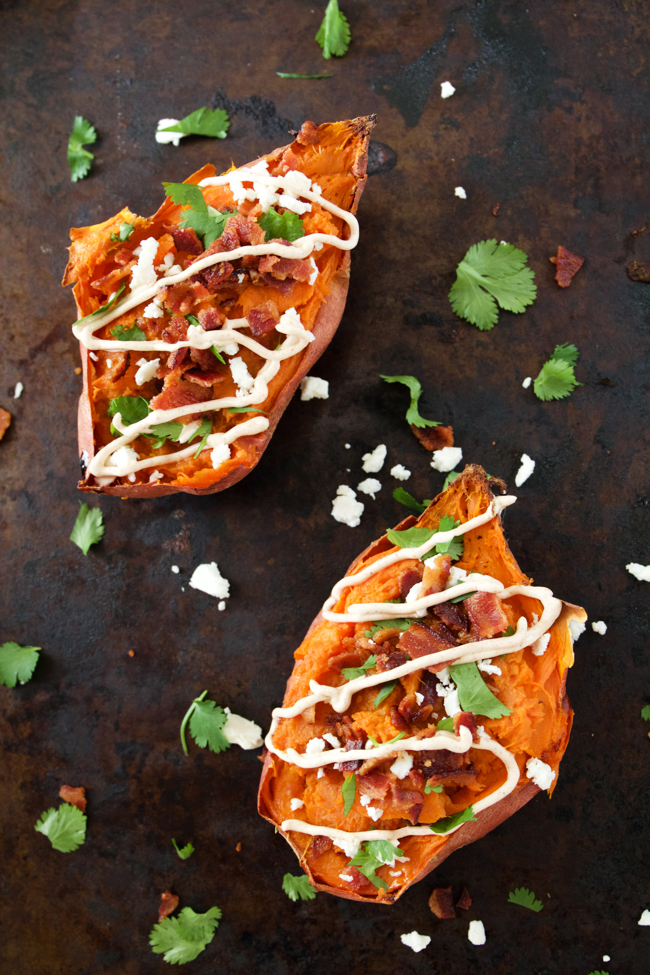 Twice Baked Sweet potatoes with chipotle, bacon, cilantro, sour cream