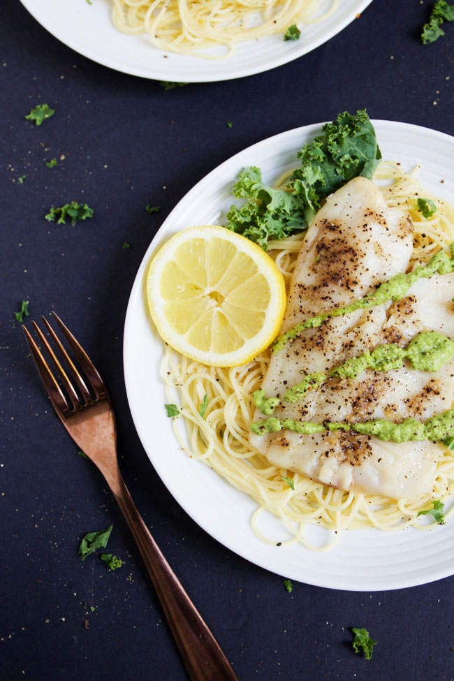 Tilapia with Garlic & Extra Virgin Olive Oil over lemon pasta and topped with kale pesto