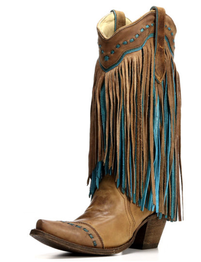 Corral brown and turquoise fringe boots