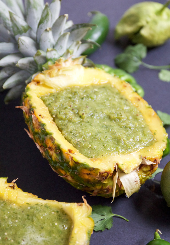 Pineapple salsa verde served in a pineapple bowl