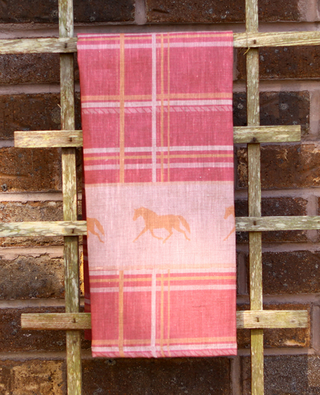 Pink plaid horse tea towel