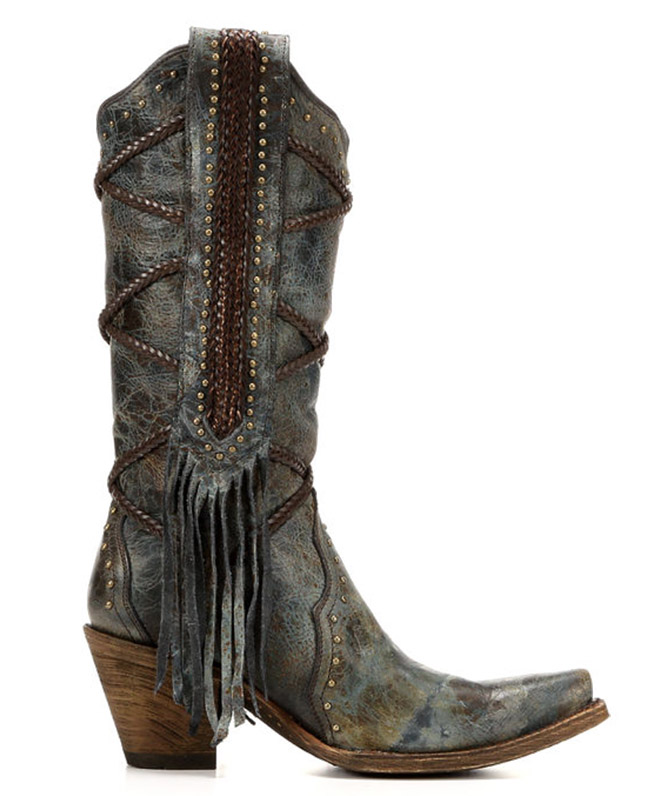 Corral fringe and leather snip toe boots