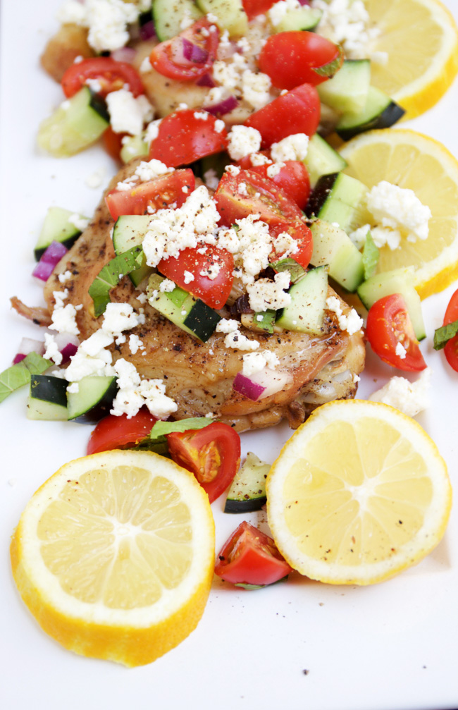 Mediteranean chicken with feta, tomato, and cucumbers
