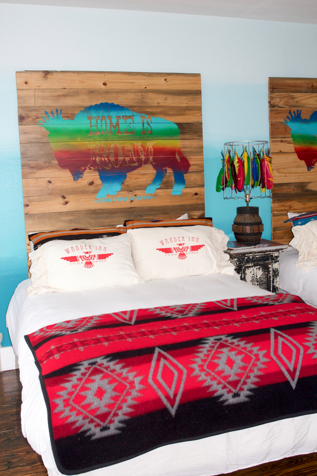 colorful wooden headboards and bedding