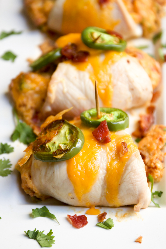 Stuffed chicken breasts with jalapeños, cream cheese, bacon, garlic, and cheddar