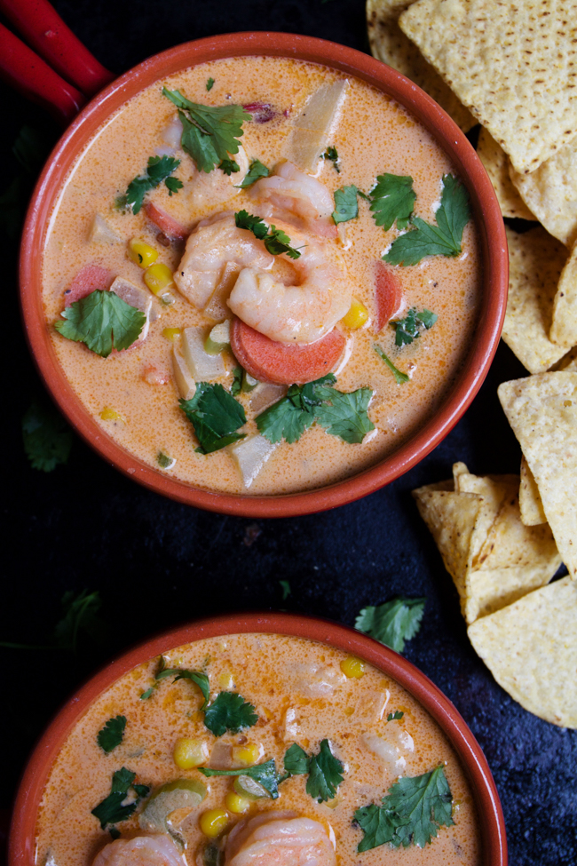 Chipotle shrimp chowder with tortilla chips