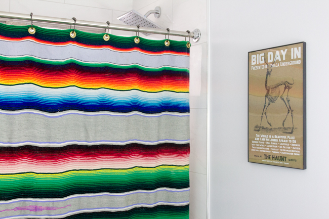 DIY serape shower curtain made from an old blanket