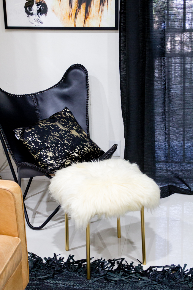 DIY sheepskin stools with gold legs at home