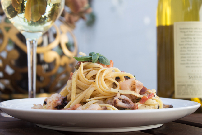seafood pasta and chardonnay