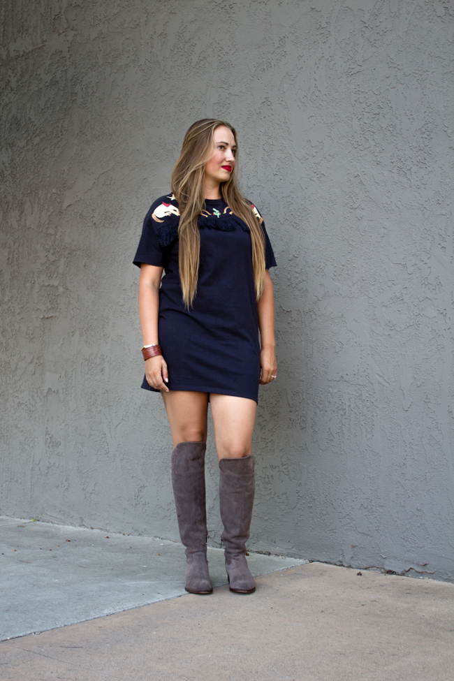 Fall in California, tall boots and a dress