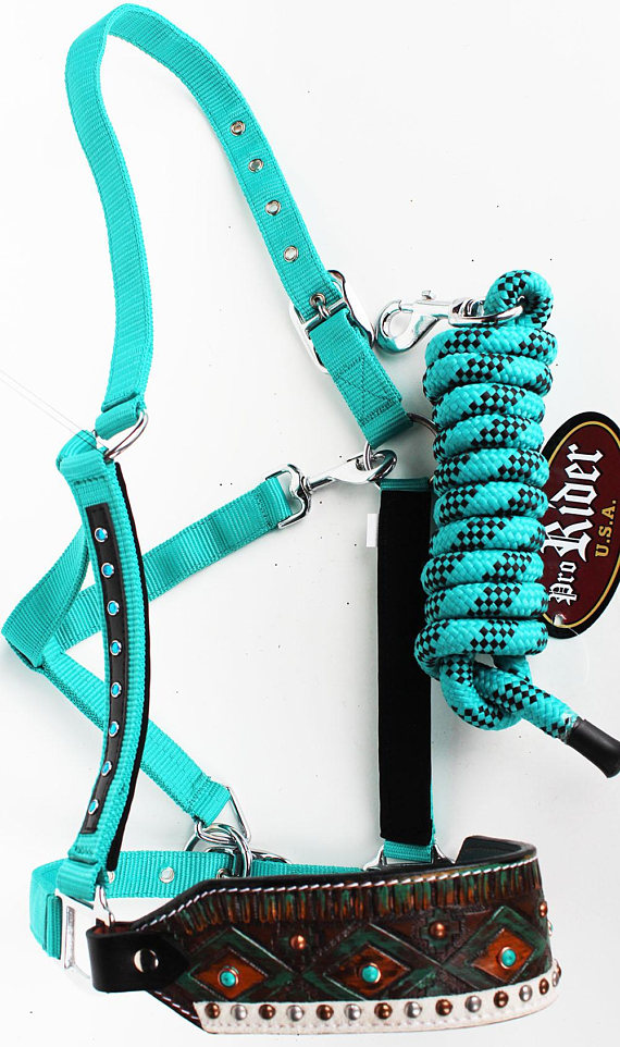 Western Horse Bronc Halter Turquoise Nylon with Fancy Tooled Leather Nose B...