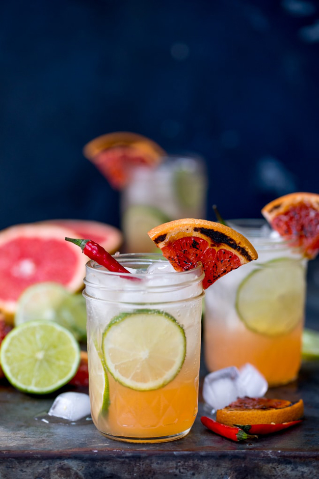 Charred grapefruit and ginger fizz with chili syrup mocktail