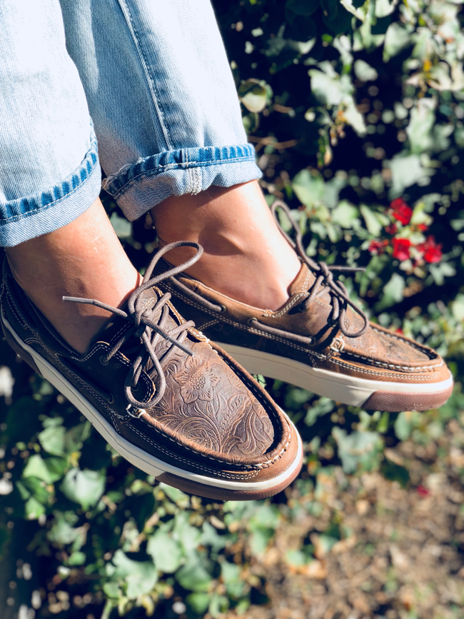 Tooled leather boat shoes by Durango