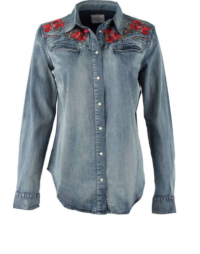 Grace in L.A. red embroidered denim shirt