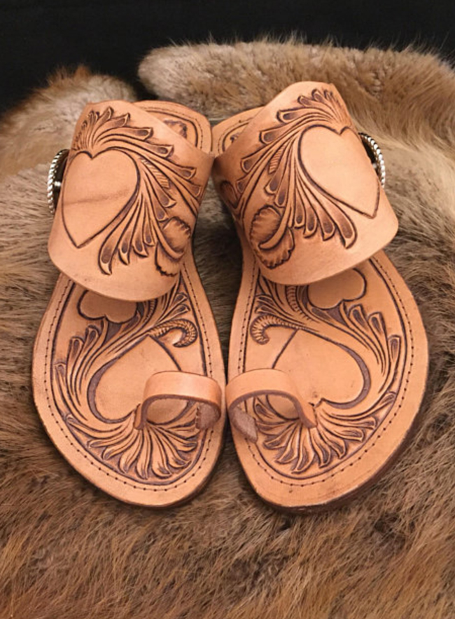 tooled leather spur strap sandals