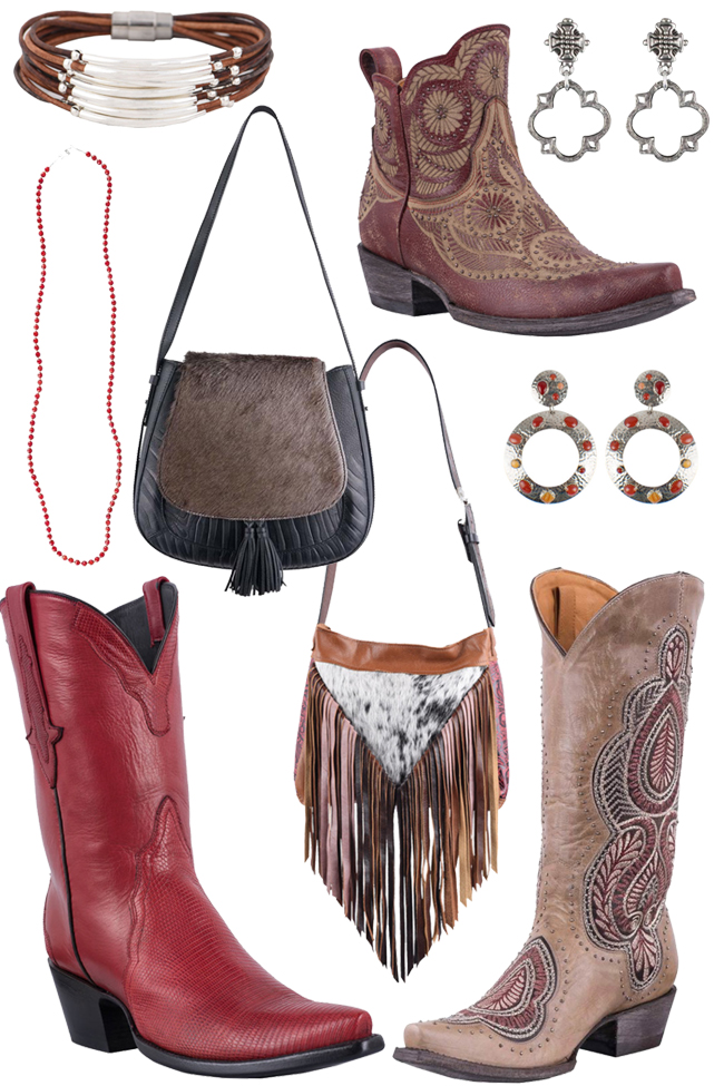 reds and neutral cowboy boots and western accessories